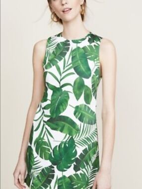 Alice + Olivia "Coley" Sleeveless Tropical Leaf Shift Dress - Green & White
